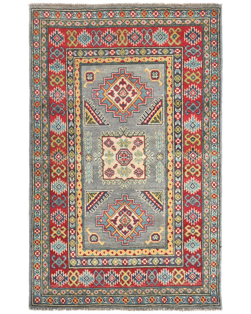 3x5 Gray Kuba Afghan Hand Knotted Wool Area Rug